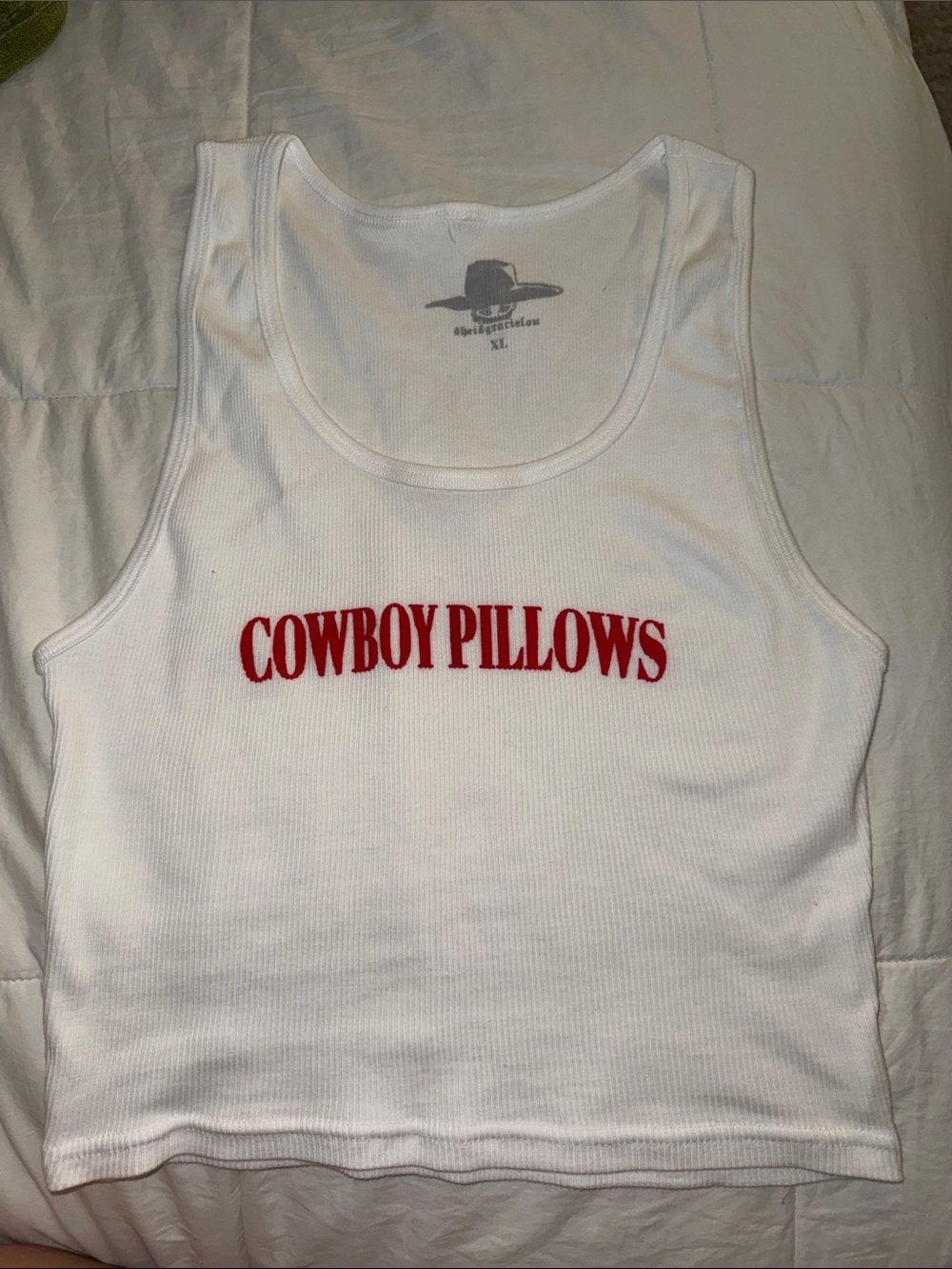 Cowboy Pillows White Ribbed Tank with Red Script